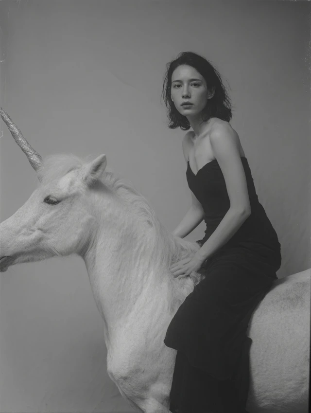 Japanese Woman on Unicorn Elegant Black and White Photo