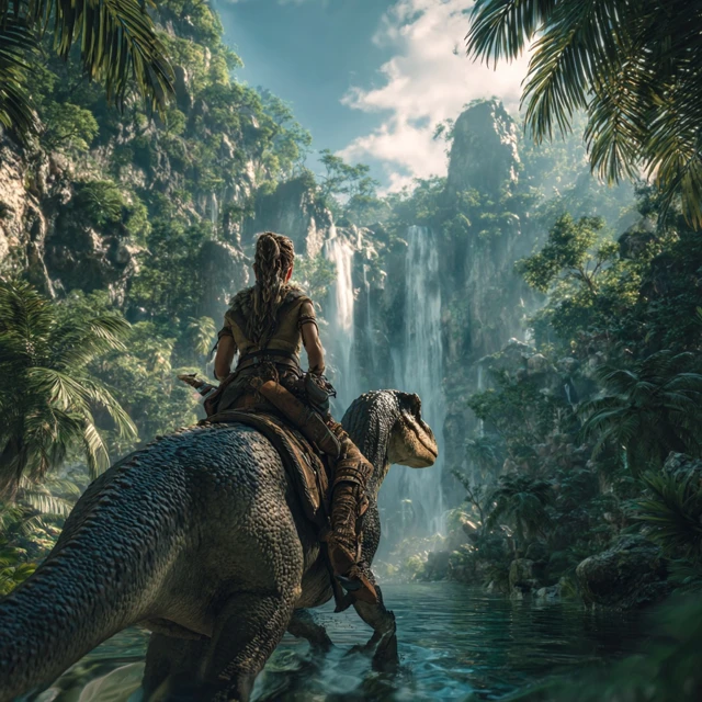 Cavewoman Rides Velociraptor in Prehistoric Rainforest