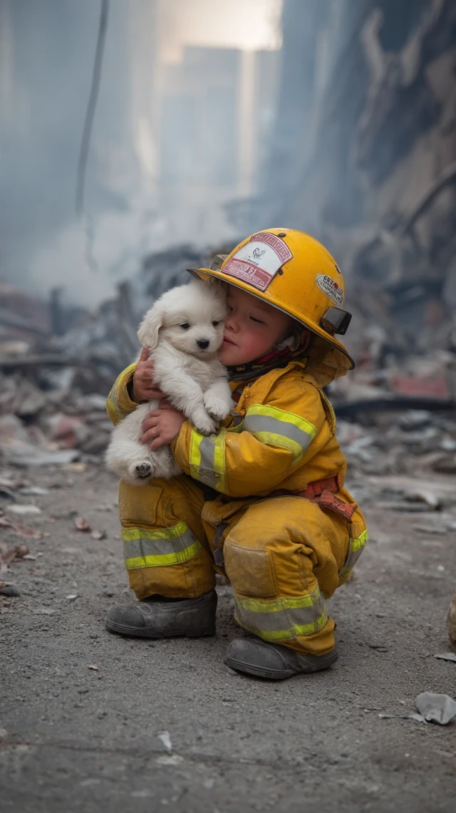 Firefighter Kid Hugs Puppy