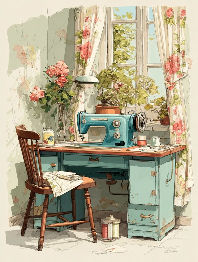 Nostalgic Sewing Room Illustration Vintage Decor