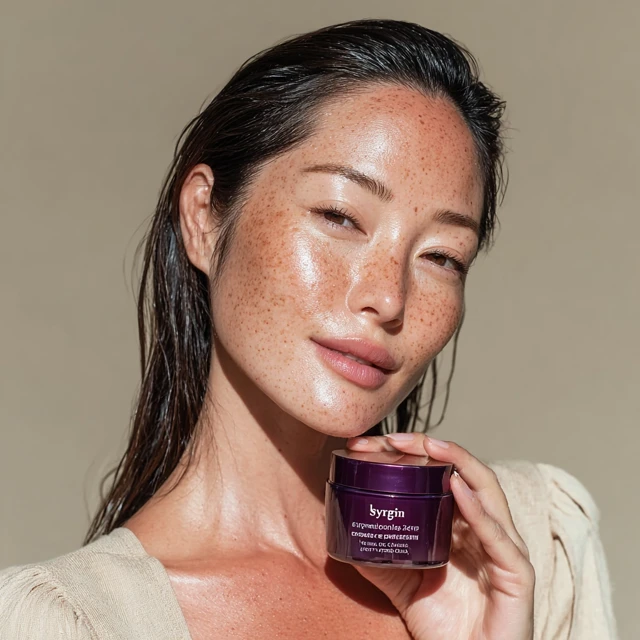 Asian Woman with Glowing Skin and Skincare Product