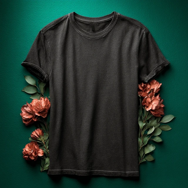 Black TShirt Mockup with Flowers and Velvet Green Background