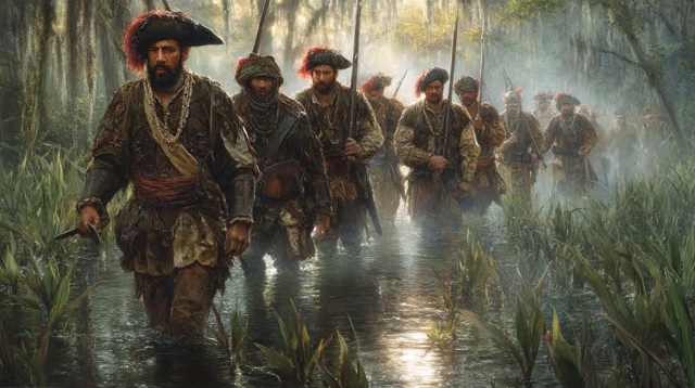 Mayan Warriors in a Swamp Ambush Dawn