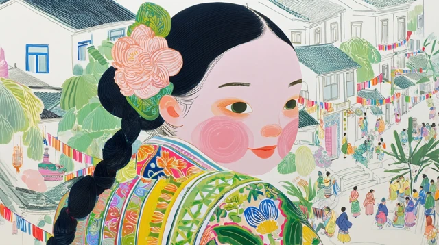 Chinese Folk Painting Cute Girl in Green Town Bazaar