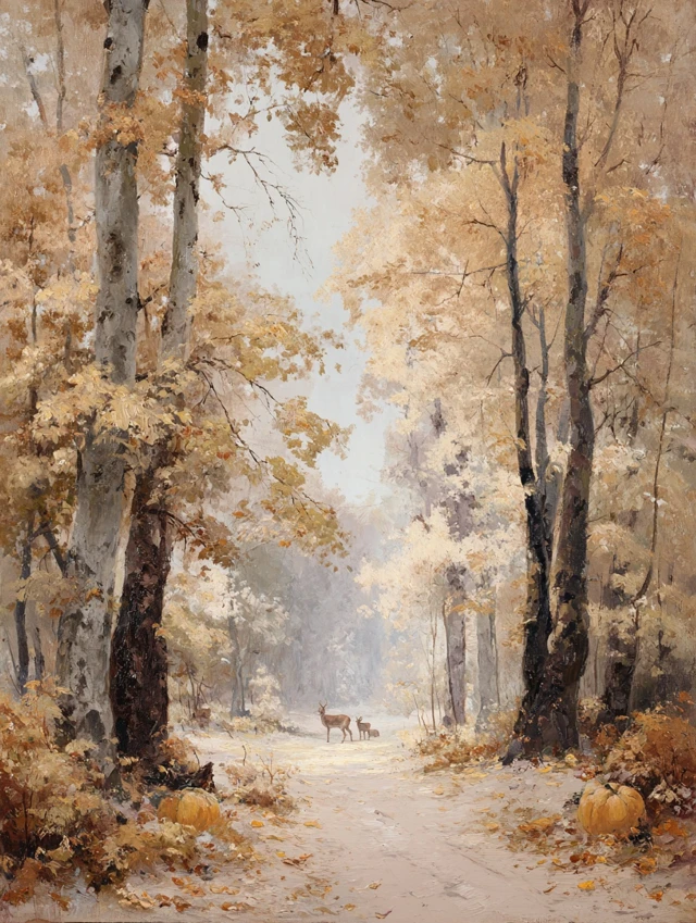 Vintage Autumn Forest Oil Painting with Pumpkins