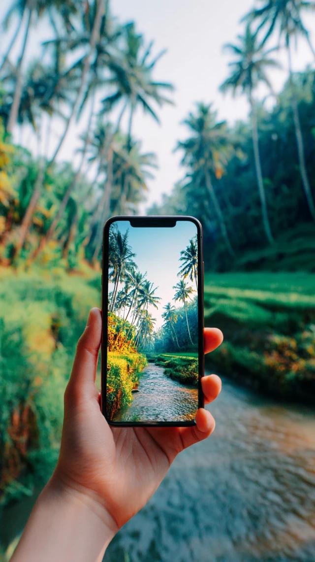 Bali Calling Woman Holding iPhone with Stunning Views