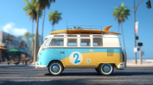 VW Bus in Venice Beach with Surfboard