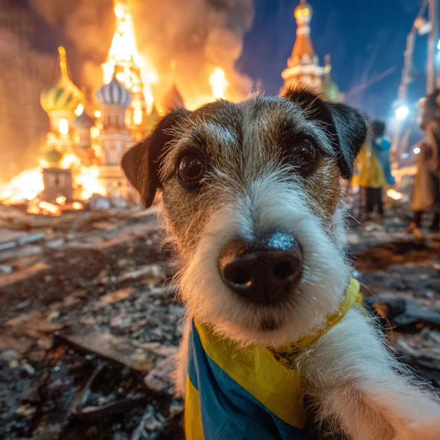 Dog Selfie Ukraine Flag Burning Moscow Cathedral