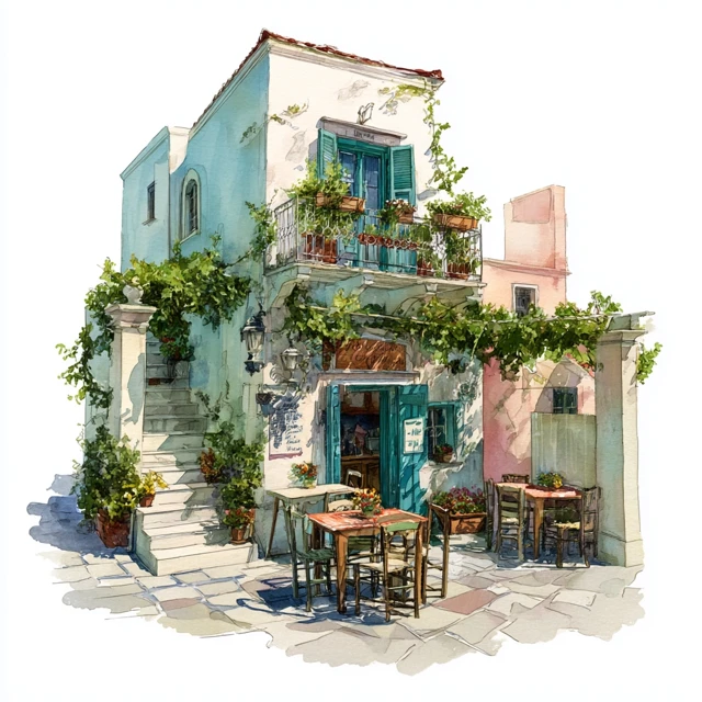 Capri Cafe Watercolor Art Vintage Village Scene