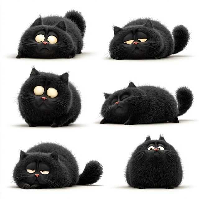 Cute Chubby Black Cat Funny Facial Expressions 3D Cartoon