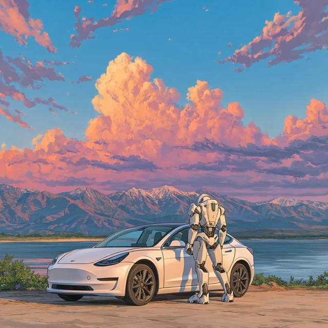 Futuristic Landscape Tesla Robot Sunset
