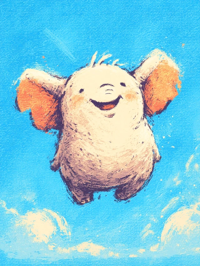 Flying Cartoon Elephant in the Sky - Happy Illustration