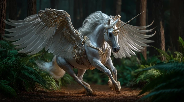 Realistic Unicorn with Wings Running Through Woods