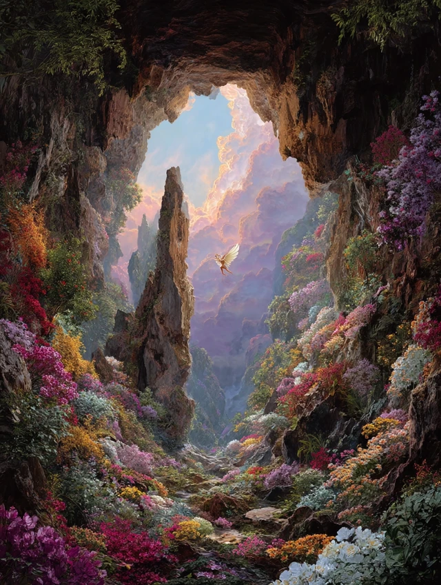 Dreamy Karst Cave Fairy Wings and Colorful Flowers