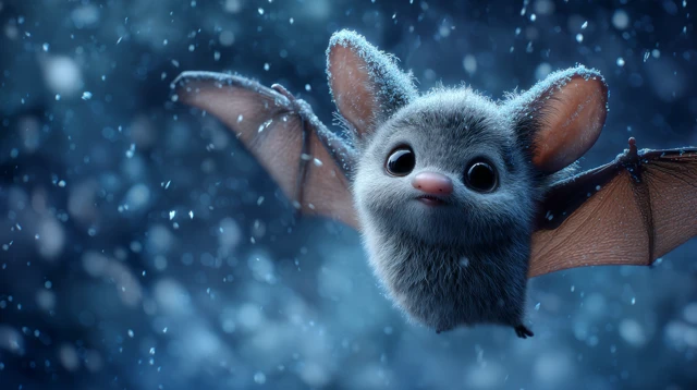 Cute Baby Bat Flying in Snow Pixar Style