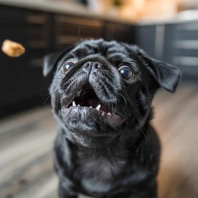 Funny Black Pug Dog Catching Treat Kitchen Photo