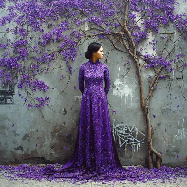 Vietnamese Woman in Ao Dai Violet Flowers Photo