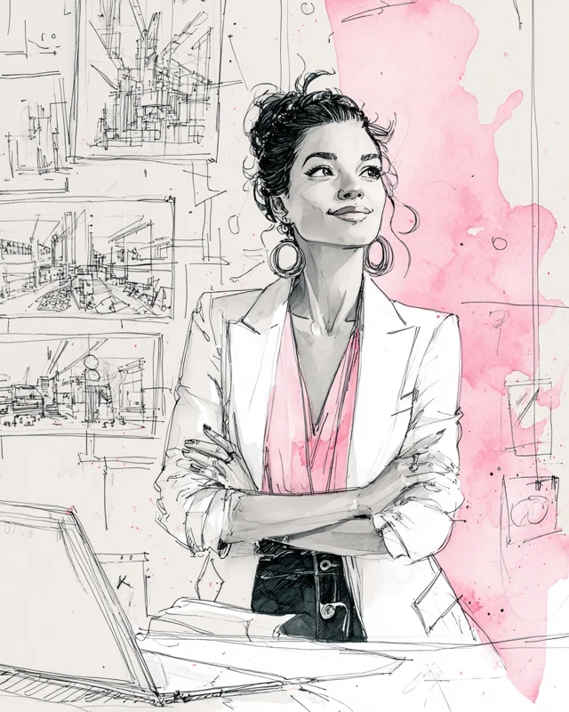 Architect Woman Black and White Sketch Watercolor