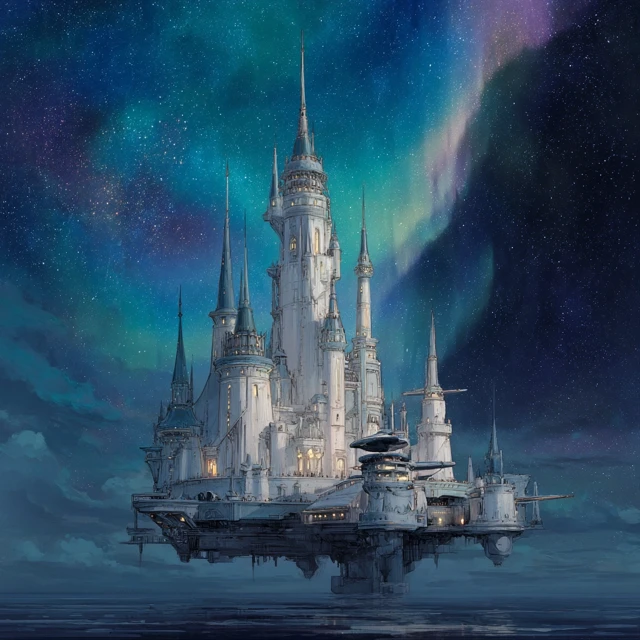 Floating Space Castle with Aurora Sky
