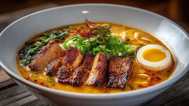 Spicy Pork Ramen with Soft Boiled Egg Delicious Food