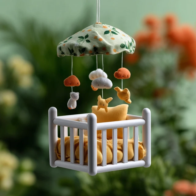 Cozy Baby Crib with Mobile Pastel Green Background
