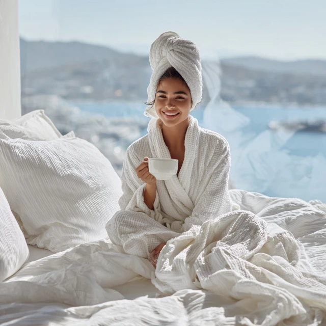 Woman in Robe Enjoying Coffee in Bed Comfort Cozy