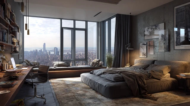 Modern Bedroom with Large Bed and Nature View