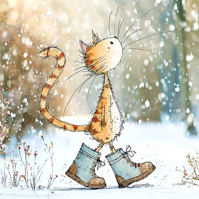 Cartoon Cat in Boots Walking in Snow Illustration