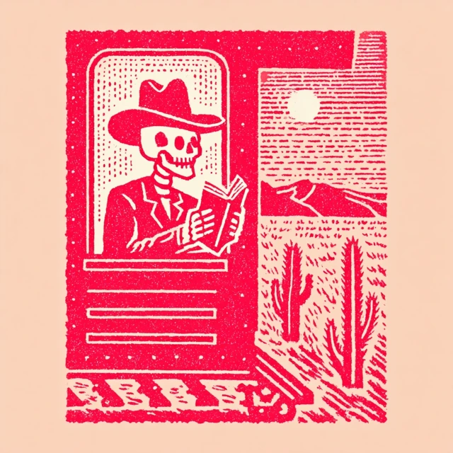 Skeleton Cowboy Reading on Train Linocut Art