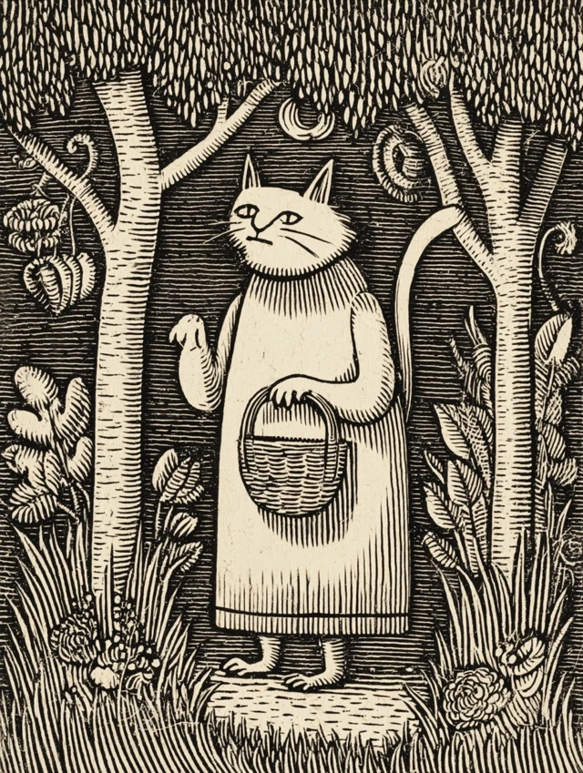 Medieval Engraving of a Cat in the Forest