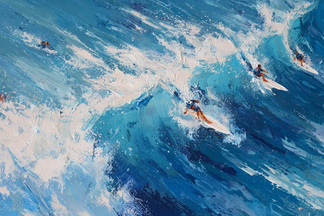 Surfers Riding Waves Abstract Ocean Painting