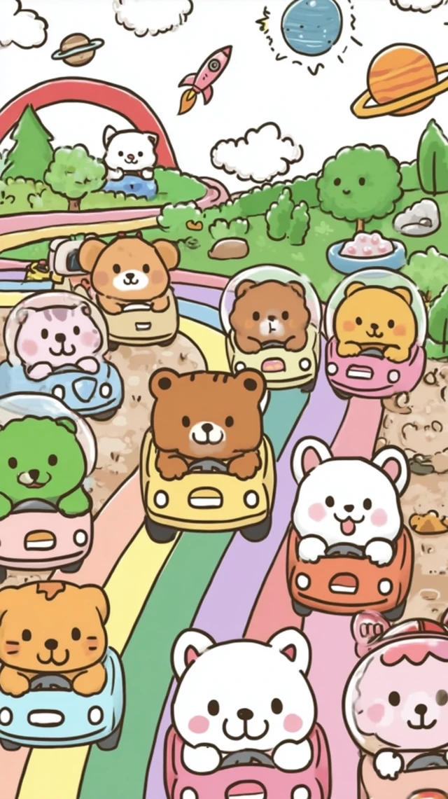 Cute Cartoon Space Race Rocket Cars Kawaii Style
