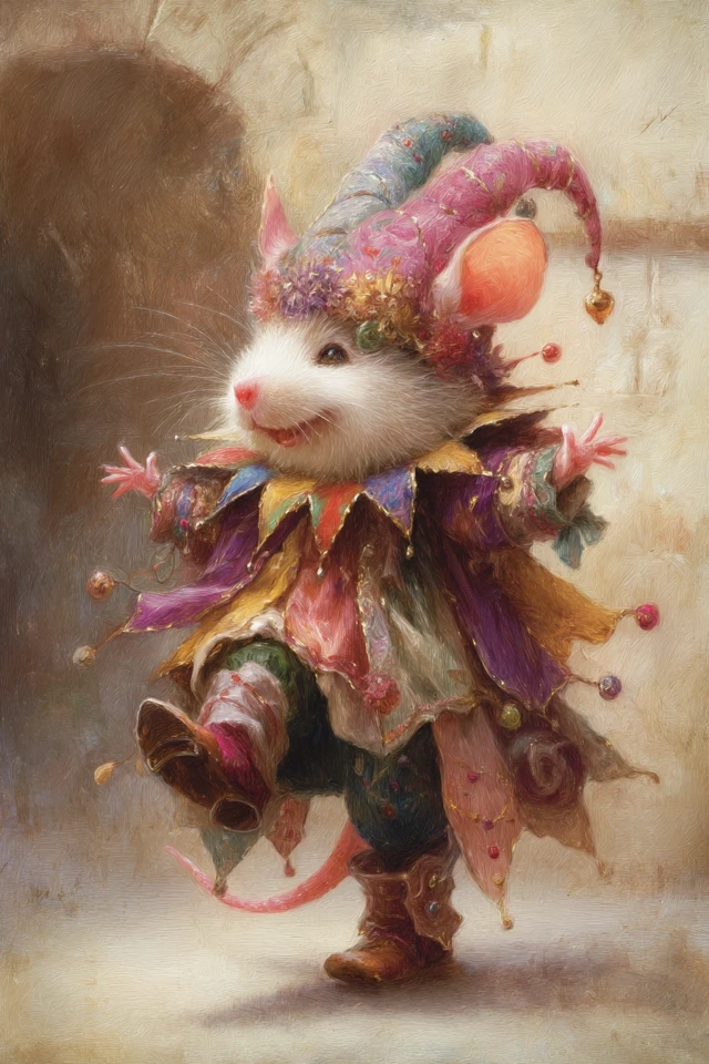 Dormouse Jester in Colorful Costume and Boots