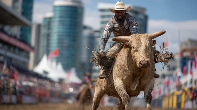 Cowboy Rides Bucking Bull Calgary Stampede Rodeo Action