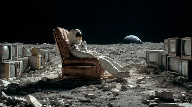 Astronaut Relaxing on the Moon Surrounded by TVs