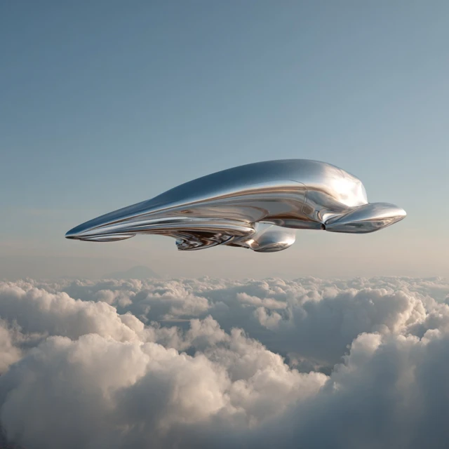 Sleek Silver SciFi Spaceship Above the Clouds