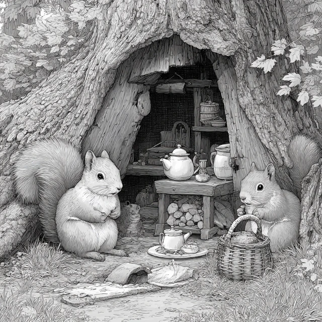 Squirrels Home in a Tree Hollow Whimsical Illustration