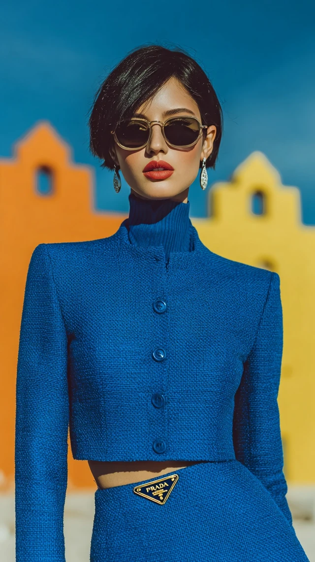 Fashion Model in Prada Cobalt Blue Jacket