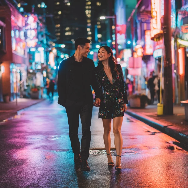Japanese Couple Night City Romance