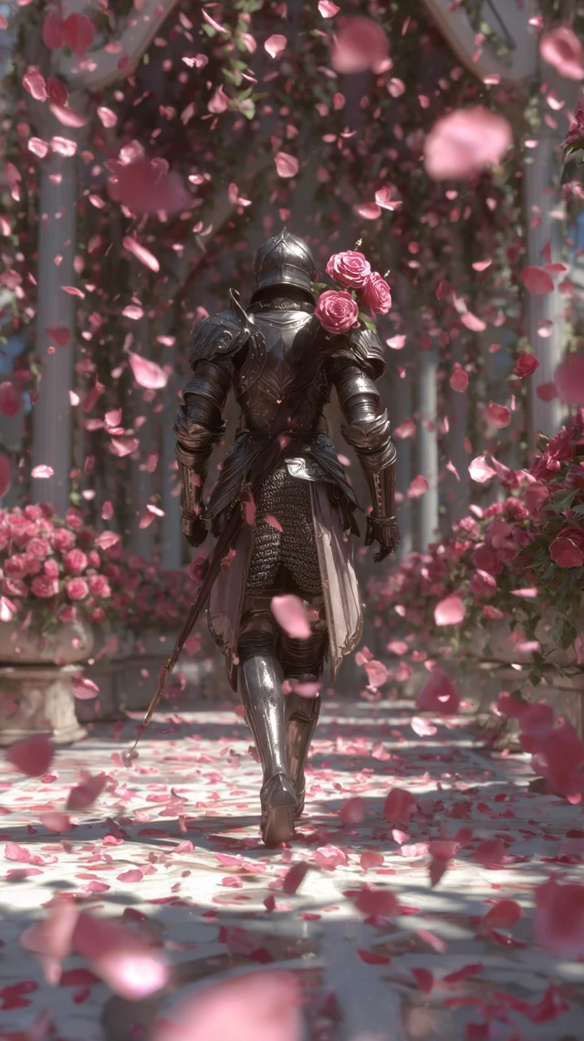 Knight in Armor with Pink Roses Fantasy Art