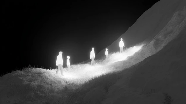 Journey of Children Led by a Guide 3D Render Black and White