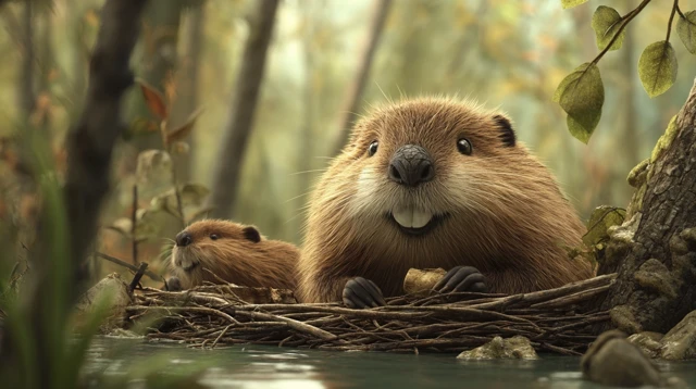 Beavers Building Lodge Illustration