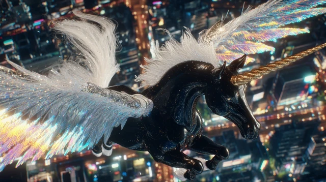 Fantasy Unicorn Flying Through City Night Sky