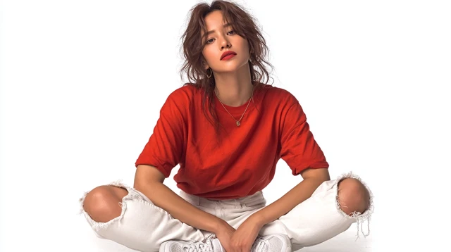 Woman in Red TShirt and Ripped Jeans