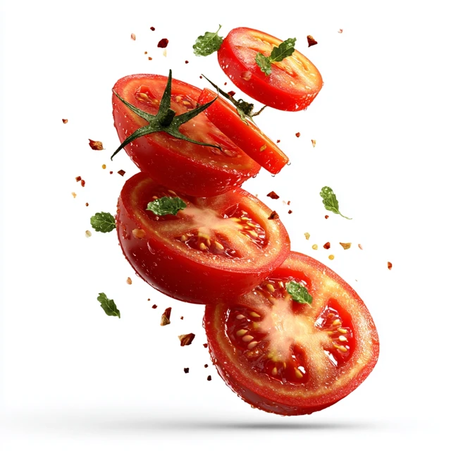 Realistic Tomato Slices Flying PNG Transparent Background
