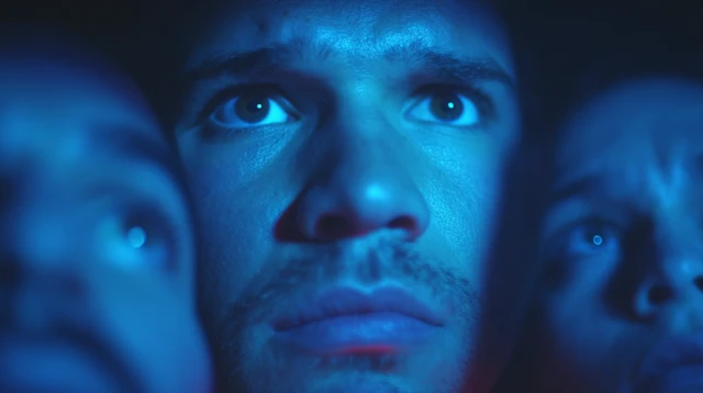 Man with Intense Gaze under Blue Emergency Light