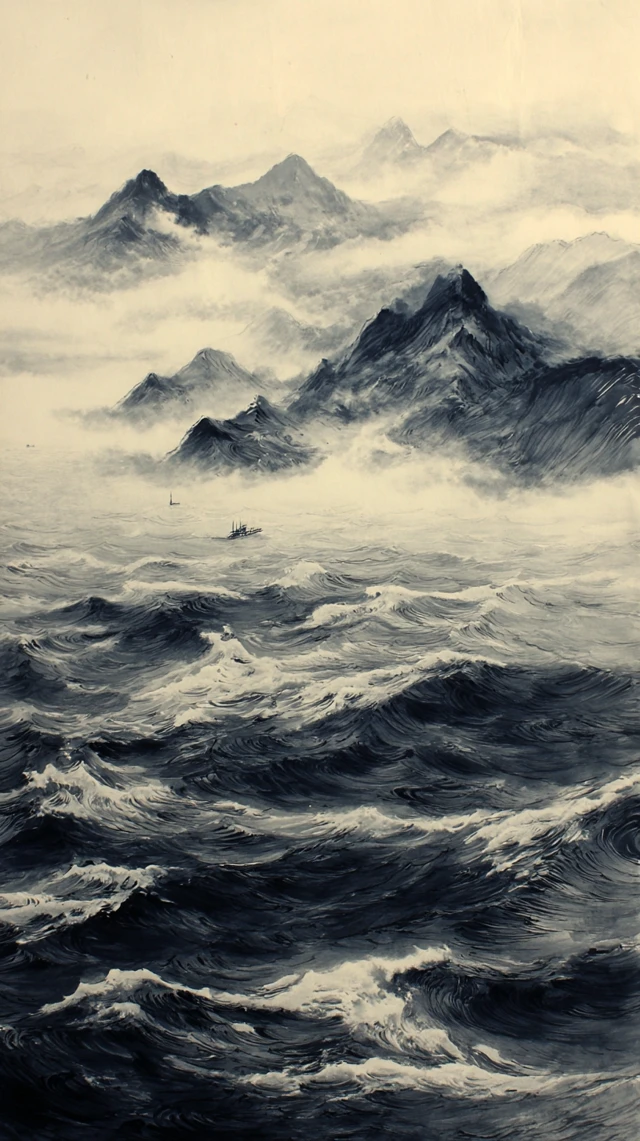 Dramatic Seascape Ink Painting Mountains and Waves