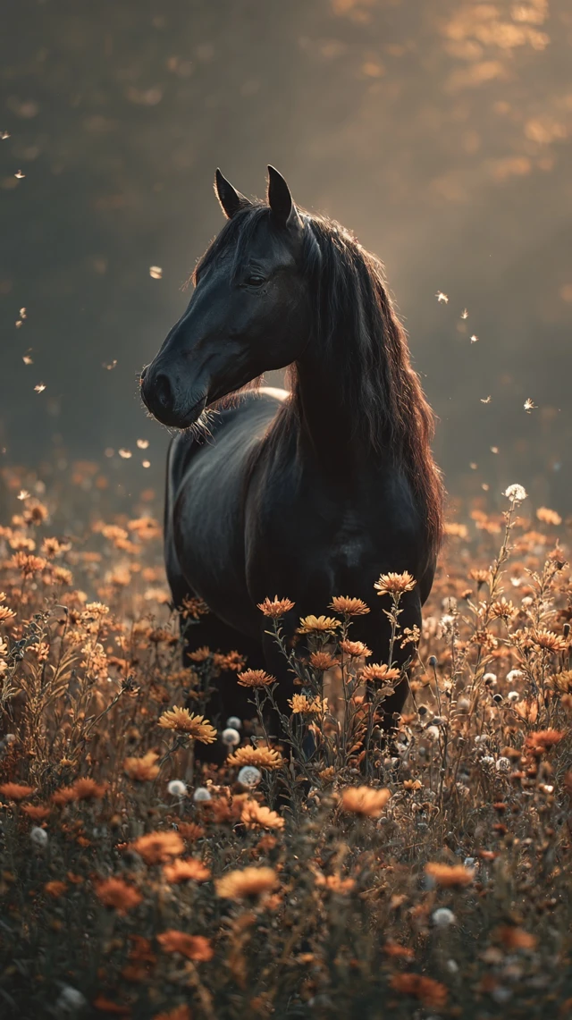 Beautiful Black Horse in a Meadow Golden Hour Light