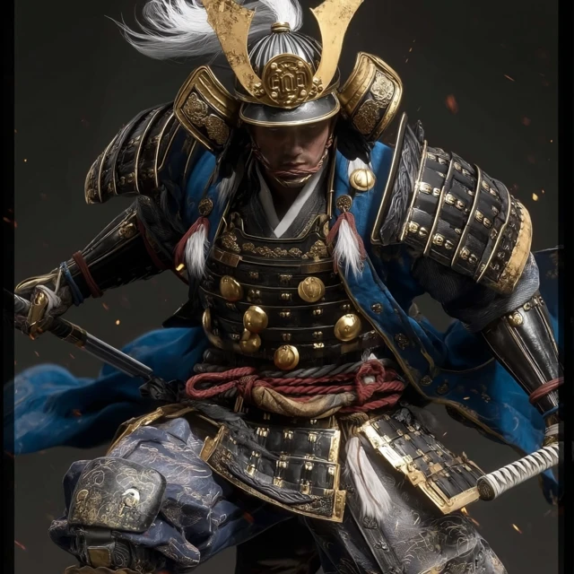 Japanese Samurai in Armor Gold and Blue 3D Render