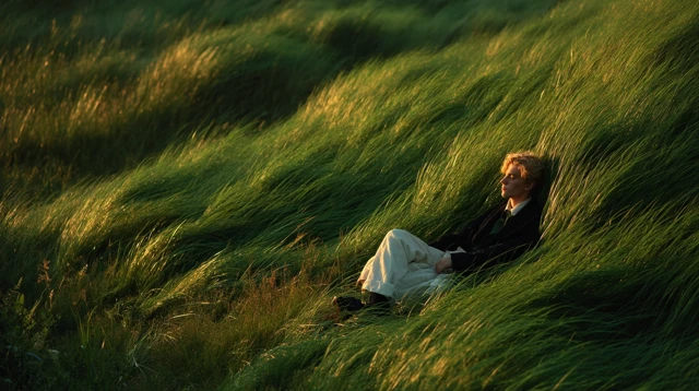 Serene Field Person Relaxing Golden Sunlight